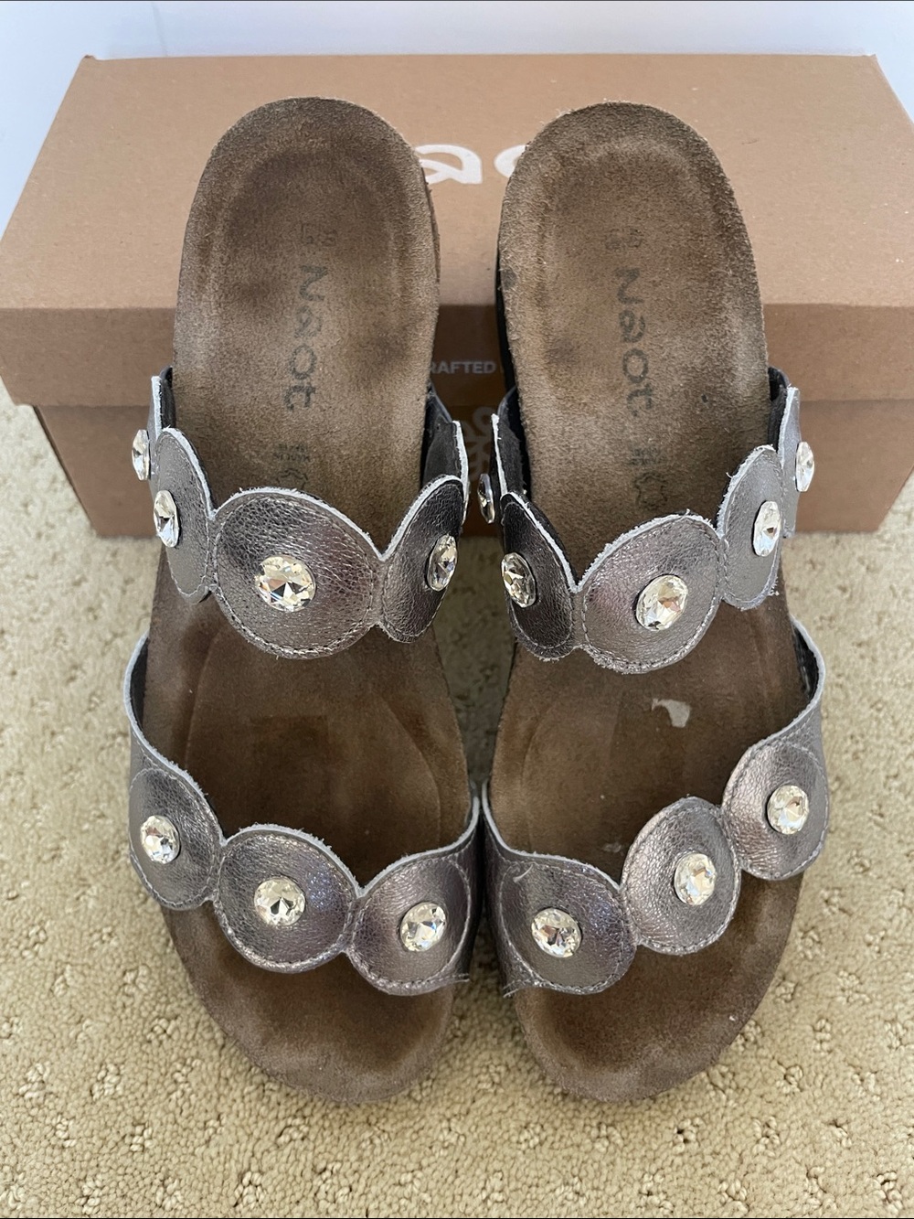 Naot “Hailey” Metallic Grey Crystal-Embellished Leather Sandals, Size 40